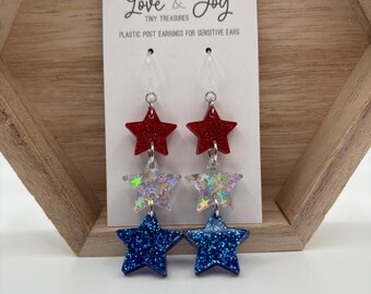 USA 3-tier Stars Dangle Plastic Post Earrings | Hypoallergenic Earrings | 4th of July Earrings