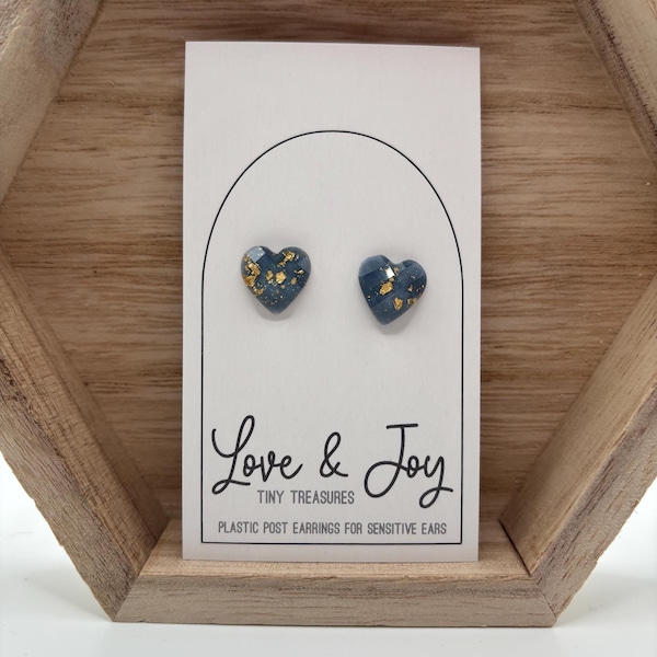 Blue Hearts with Gold Plastic Post Earrings | For sensitive ears | Metal-free earrings | Hypoallergenic
