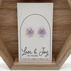 Sparkly, Flat Flowers Plastic Post Earrings | 3 colors | For sensitive ears | Metal-free earrings | Hypoallergenic