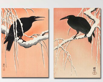 Raven Art Prints: Vintage Japanese Winter Crow Illustration (Set of 2)