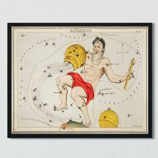 Aquarius Art Print  - Zodiac Star Chart - January Birthday - Gift for Aquarius - Night Sky Constellations Poster - Sidney Hall Vintage Print