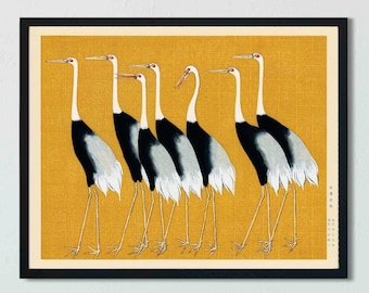 Birds Art Print - Japanese Crane Print - Yellow Gold Background - Japanese Woodblock by Ogata Korin - 5X7, 8X10, 11X14, or 16X20