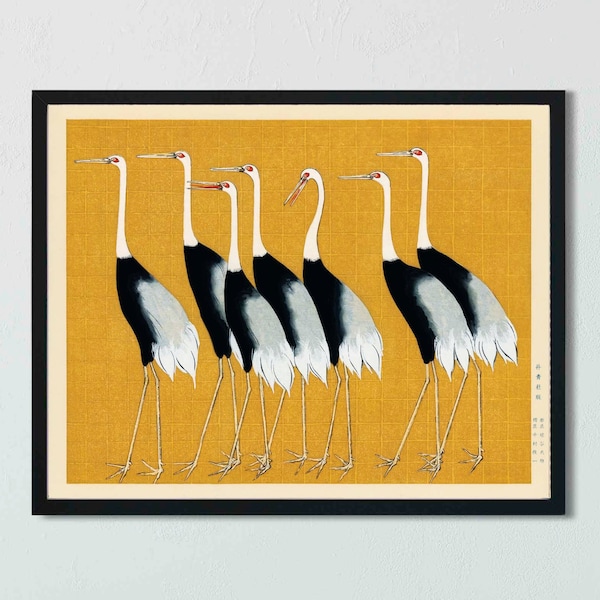 Japanese Crane Art Print: Ogata Korin Woodblock, Yellow Gold