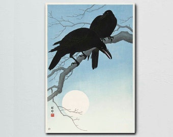 Two Ravens Art Print - Black Birds on Tree Branch with Blue Sky and Moon - Vintage Reproduction - Japanese Artwork - Crow Art Print - Giclee