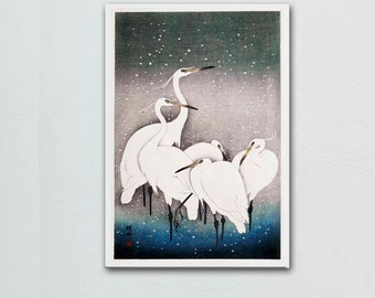 Japanese Winter Bird Art: White Egrets Vintage Print