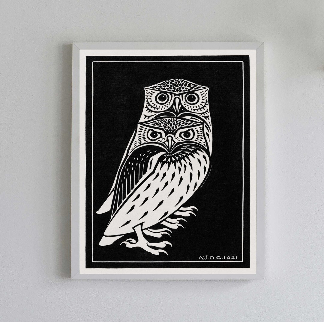 Owl Print Wall Art - Two Owls Poster - Black and White Lithograph Style ...