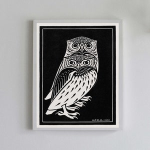 Two Owls Art Print: Vintage Lithograph Reproduction, Black and White