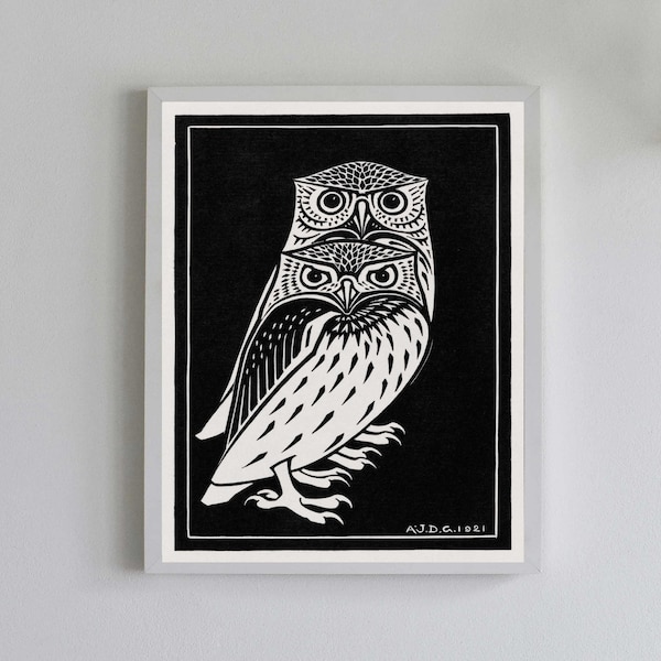 Owl Print Wall Art - Two Owls Poster - Black and White Lithograph Style Print - Vintage Reproduction - Unframed Fine Art - 5X7 8X10 or 11X14