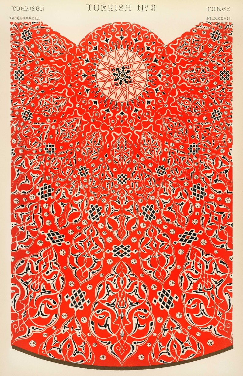 Turkish Art Print Vintage Reproduction Turkish Design from the Grammar of Ornament Red Wall Art Oriental Pattern in 11X17 or 13X19 image 2