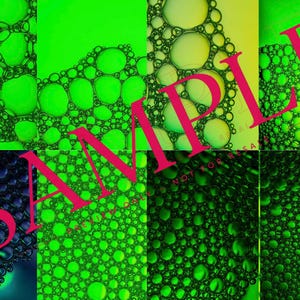 May include: A digital collage featuring eight distinct panels of vibrant green and dark blue soap bubbles. The word SAMPLE is printed in large, bold, bright pink capital letters diagonally across the center of the entire image composition.
