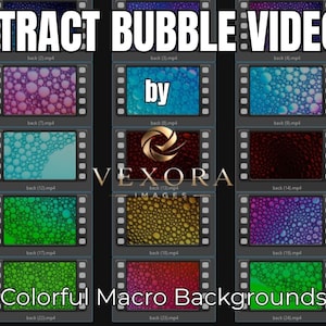 Puede incluir: Una colección digital de 20 videos de burbujas abstractas de Vexora Images, con fondos macro coloridos. La pantalla muestra una cuadrícula de fotogramas de película, cada uno con patrones de burbujas distintos en varios tonos y colores vibrantes.