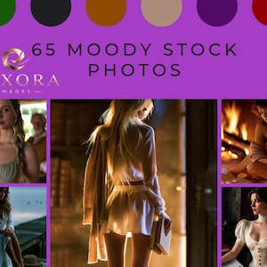 Puede incluir: Una colección digital titulada 65 Moody Stock Photos que presenta un encabezado morado con el logotipo de Vexora Images y seis escenas fotográficas distintas de personas en diversos entornos, incluyendo una biblioteca, una chimenea y un muelle.