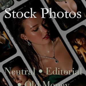 Puede incluir: Una colección digital de 125 fotos de stock mostradas en pantallas de teléfonos inteligentes, con retratos de personas que usan joyas, collares y aretes de color verde esmeralda, con el texto 125 Stock Photos, Neutral, Editorial y Old Money.