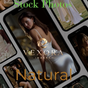 Puede incluir: Una colección digital de 50 fotos de stock de IA de estilo sombrío mostradas en pantallas de teléfonos. La imagen central muestra a una persona con un vestido lencero de satén blanco y espalda descubierta, con el logo de Vexora Images.