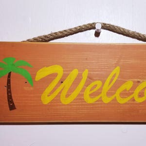 Palm Tree Welcome Handmade Painted Wooden Sign with Rope Hanger