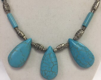 Turquoise Color and Vintage Silver Handmade Beaded Necklace