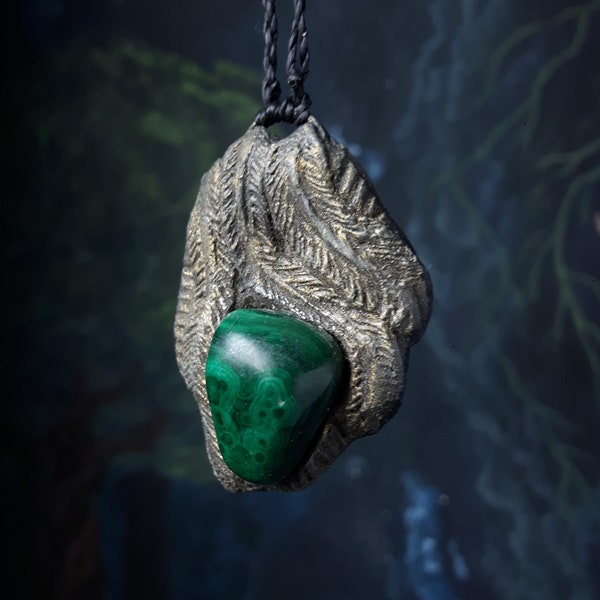 Forest Witch Amulet, Crystal Charm with Malachite and Carving of Odal / Othala Norse Elder Futhark Rune