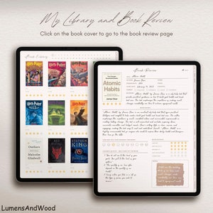 Puede incluir: Una plantilla digital de reseña de libro con una biblioteca de libros a la izquierda y un formulario de reseña de libro a la derecha. La biblioteca de libros muestra portadas de varios libros, incluidos Harry Potter, Outliers, Red Rising y Stephen King. El formulario de reseña de libro está completado para el libro "Hábitos atómicos" de James Clear. El formulario incluye el título, el autor, el género, la fecha de publicación, la fecha de inicio, la fecha de finalización, el número de páginas, el formato y una sección para notas.