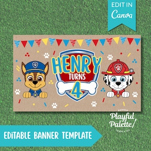 Editable Pup Paw-ty Birthday Banner Template | Puppy Patrol Crew Canva Design for Boys Birthday | Kids Hand Painted Party Sign DIY Download