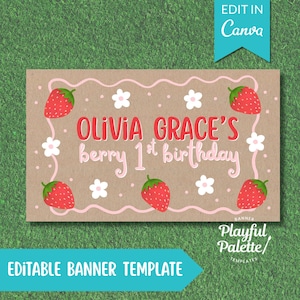 Editable Berry First Birthday Birthday Banner Template | Strawberry Canva Design Girls First Birthday | Hand Painted Party Sign DIY Download