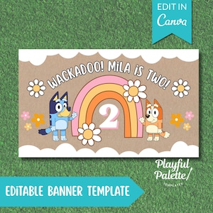 Editable Wackadoo Birthday Banner Template | Boho Rainbow Blue Dog Party Canva Design for Girls 2nd Birthday | Hand Painted Party Sign DIY