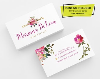 Gold Floral Hair Stylist Business Card 500 Printed Business Cards Template Personalized Custom Card with Printing Hair Salon Beauty Business