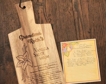 Handwritten recipe engraved onto an Acacia Cutting Board