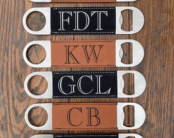 Personalized Faux Leather Bottle Opener: Engraved Initials, Wedding Gift