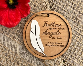 Custom Laser Engraved Memorial Ornament – Alder Wood Keepsake for Cherished Remembrance Feathers Appear