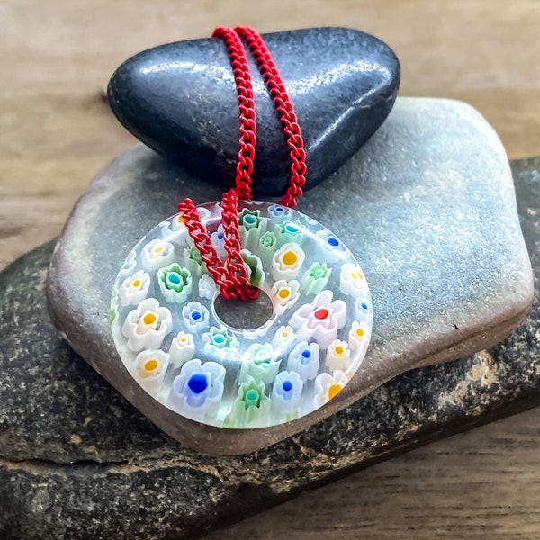White Millefiori, Clear Millefiori, Glass Donut, 34-39mm, Pendant, Red chain, Necklace for Women, Necklace for Girls, Floral Pendant