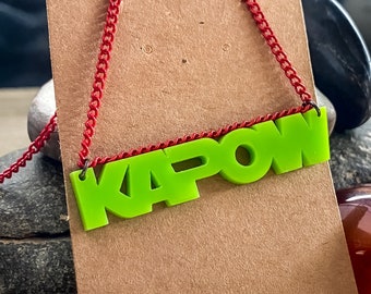 Comic Book art pendant, 'Kapow!!' pendant, Lime Green Letters, Red chain, Comic Book Necklace, Necklace for Girls, Necklace for Boys
