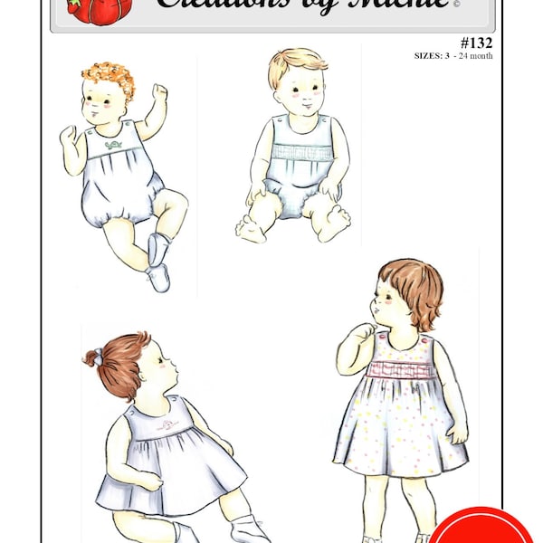 Creations by Michie' #132 - Sunsuit and Sundress with Smocking or Embroidery - Size: 3 -24 mos. - Sewing Pattern Instant Download Printable