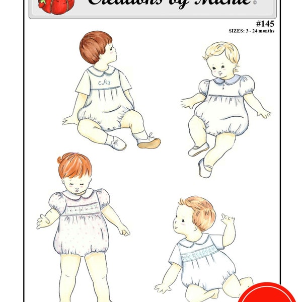 Creations by Michie #145 - Children's Romper with Smocked Insert or Embroidery - Sizes: 3 - 24 m - Sewing Pattern Instant Download Printable