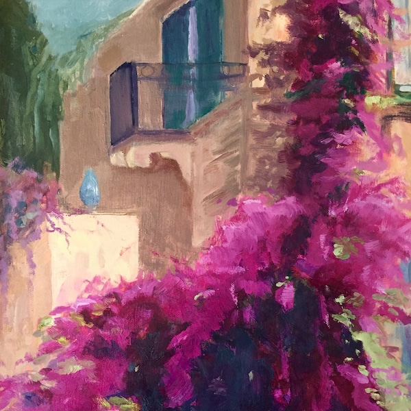 Taormina Sicily Villa art.  9"x12". Italian Fuchsia Bougainvillea landscape oil painting. Original Plein air art.