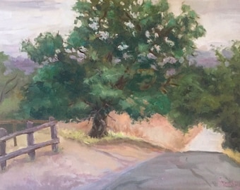 Original California plein air oil painting. 16"x12". Tree country road landscape art.