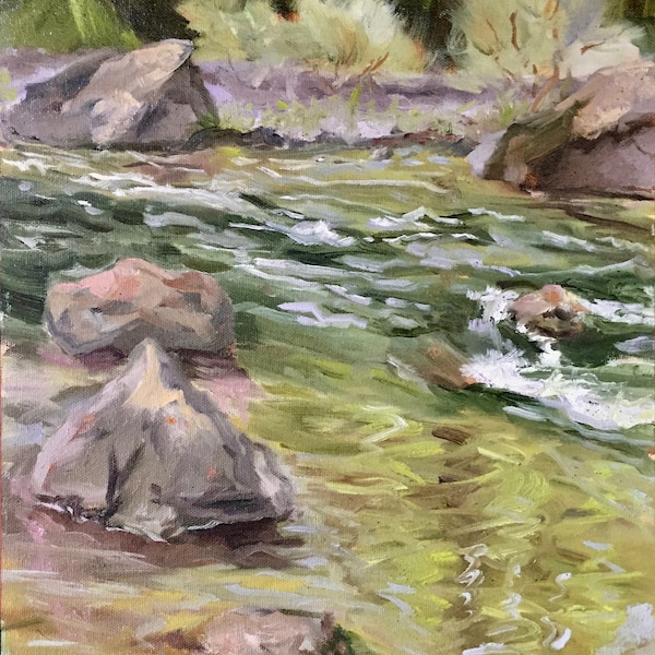 California plein air landscape oil painting. 14"x11". Trinity River original art.