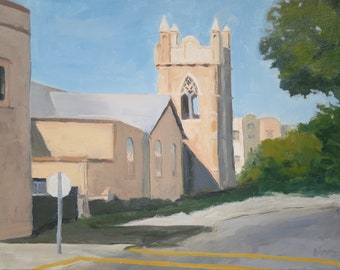 California plein air oil church painting. 14" x 11". Original landscape art. Martinez California. Impressionism.