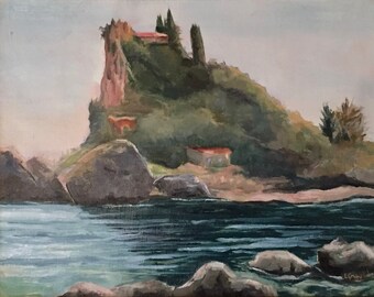 Original plein air Sicily Taormina Italy art. 12"x9". Landscape oil painting Isola Bella Ocean.