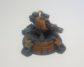 Factorio Gun Turret with swiveling head with rotating gears and  a moveable barrel
