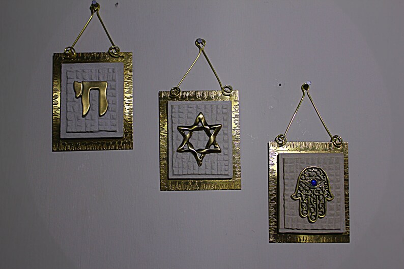 Hamsa Judaica Wall Hanging Art Made of Jerusalem Stone and Brass Frame Home Decor Jewish