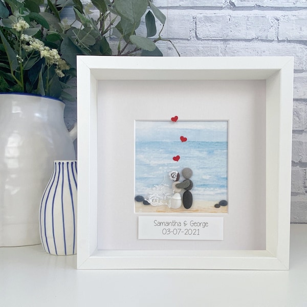 Wedding Beach Pebble Art, Wedding Pebble Picture, Personalised Pebble Picture, Beach Wedding Gift, Personalised Wedding Gift, Anniversary