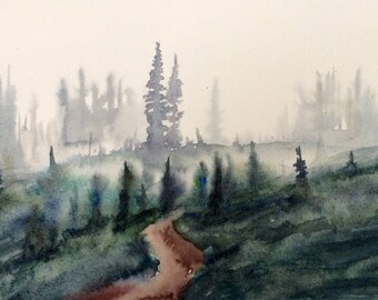 Pine trees, alpine wilderness, pacific northeast, Misty mountains, northeast watercolor, landscape painting, Misty landscape, Misty trees