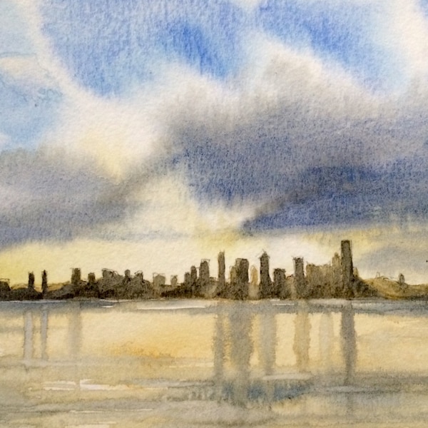 Seattle painting, Seattle skyline, Seattle watercolor, Seattle art, Skyline, Seattle sunrise, Elliot bay, Puget Sound, Cityscape