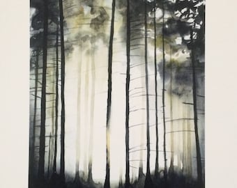 forest painting print, pine forest print,watercolor print, Misty forest, tall trees, pine tree painting, Misty pines, watercolor trees