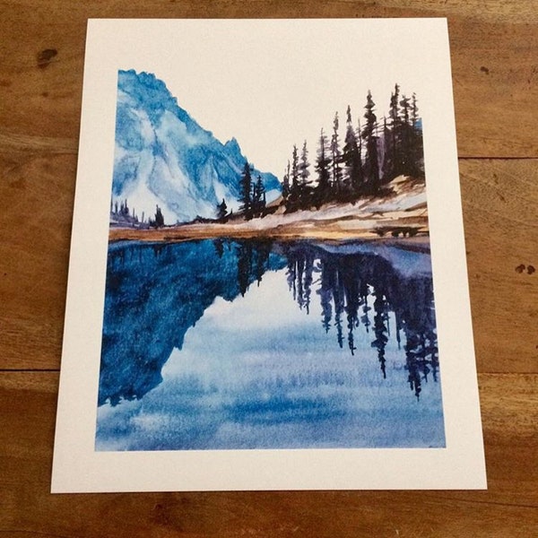 Watercolor print, Olympic national park,lake of the Angels, lake reflection, pacific northwest, Cascades, northwest art, landscape print