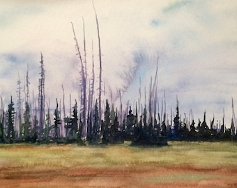 Pine tree painting, Rainier national park, Pacific Northwest, tree painting, trees in Meadow, watercolor trees, tree watercolor, Fir trees