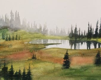Pacific Northwest, alpine lakes, landscape painting, Cascades, Misty mountain lake, mountain lake, pine trees by lake, Misty landscape