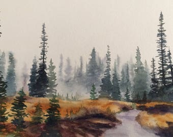Rainier national park, pine tree painting, northwest landscape, landscape painting, watercolor trees, Pacific Northwest, tree painting, firs