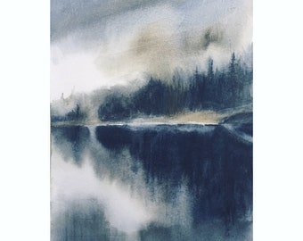 Pacific Northwest watercolor, mountain lake, misty lake, watercolor lake, watercolor landscape, landscape painting, lake painting j
