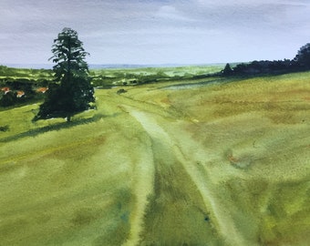 Darent Valley, landscape watercolor, English landscape, English countryside, England watercolor, Kent UK, English fields, watercolor